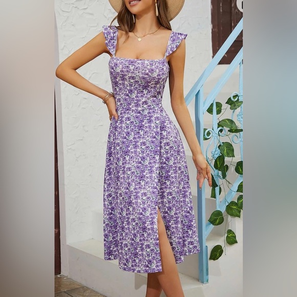 Vetior Dresses & Skirts - VETIOR Womens Cap Sleeve Square Neck Floral Sun
Dress; Purple & White; Size: XL
